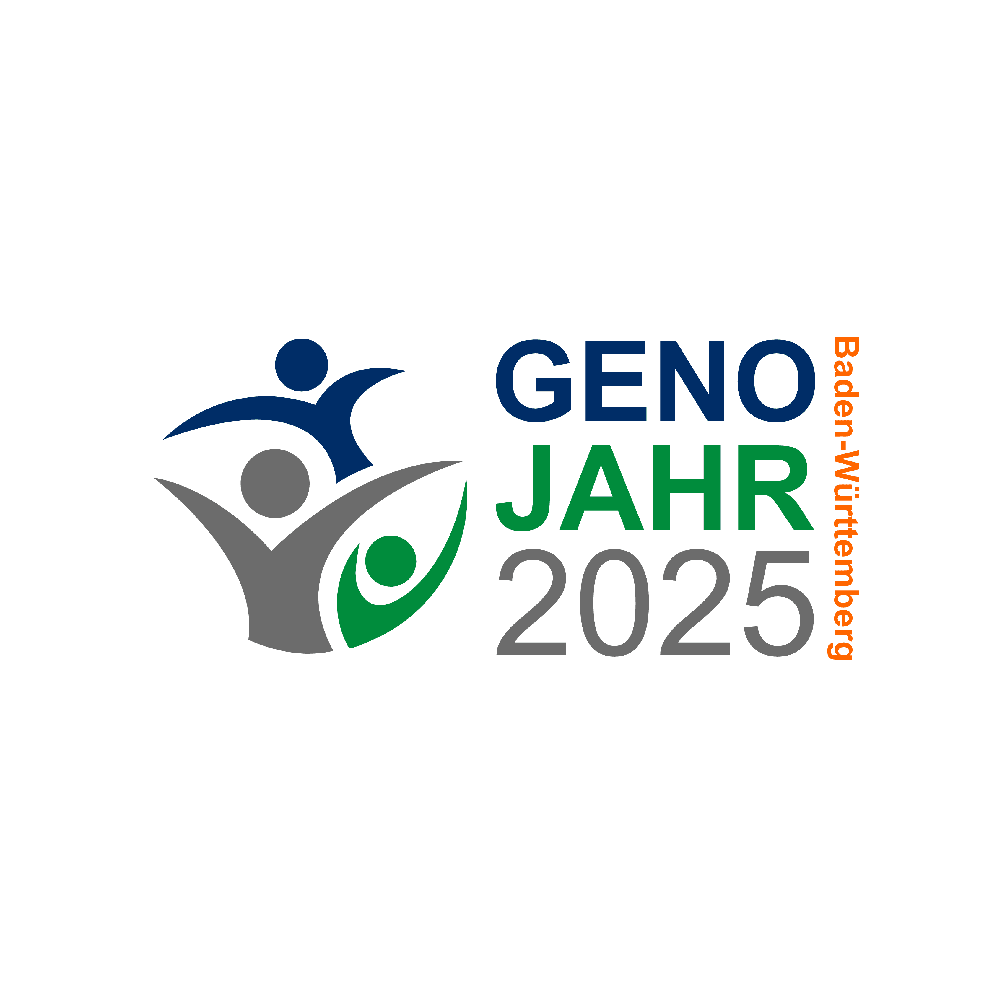 Logo des GENO Jahres 2025 in Baden-Württemberg mit drei stilisierten Figuren in Blau, Grau und Grün sowie Schriftzug „GENO JAHR 2025“ und „Baden-Württemberg“ in Orange.